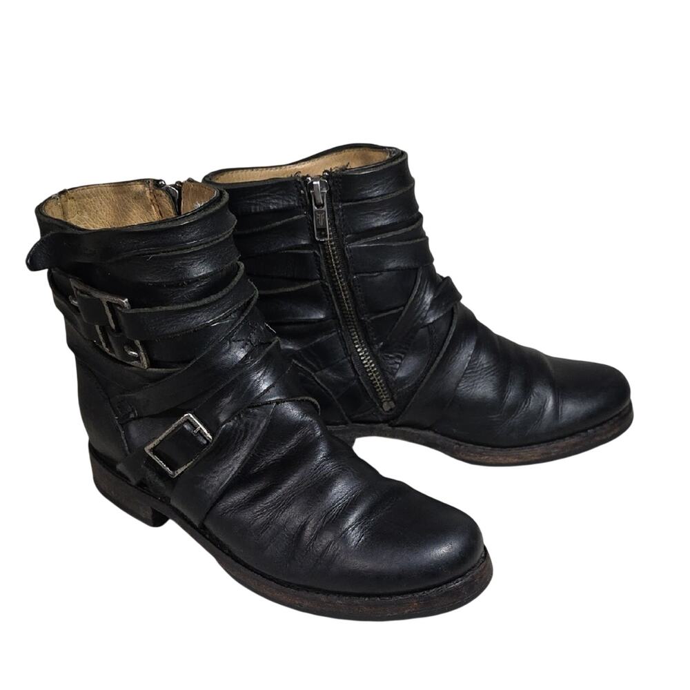 Frye Veronica Strappy Short Distressed Black Leather Boots Womens Size 6.5